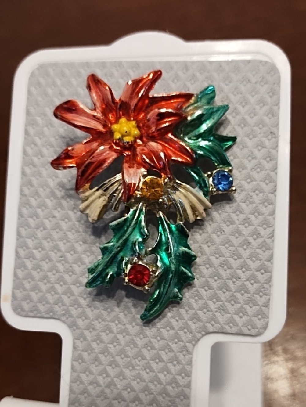 Enamel Poinsettia Floral Brooch with Colored Rhinestones